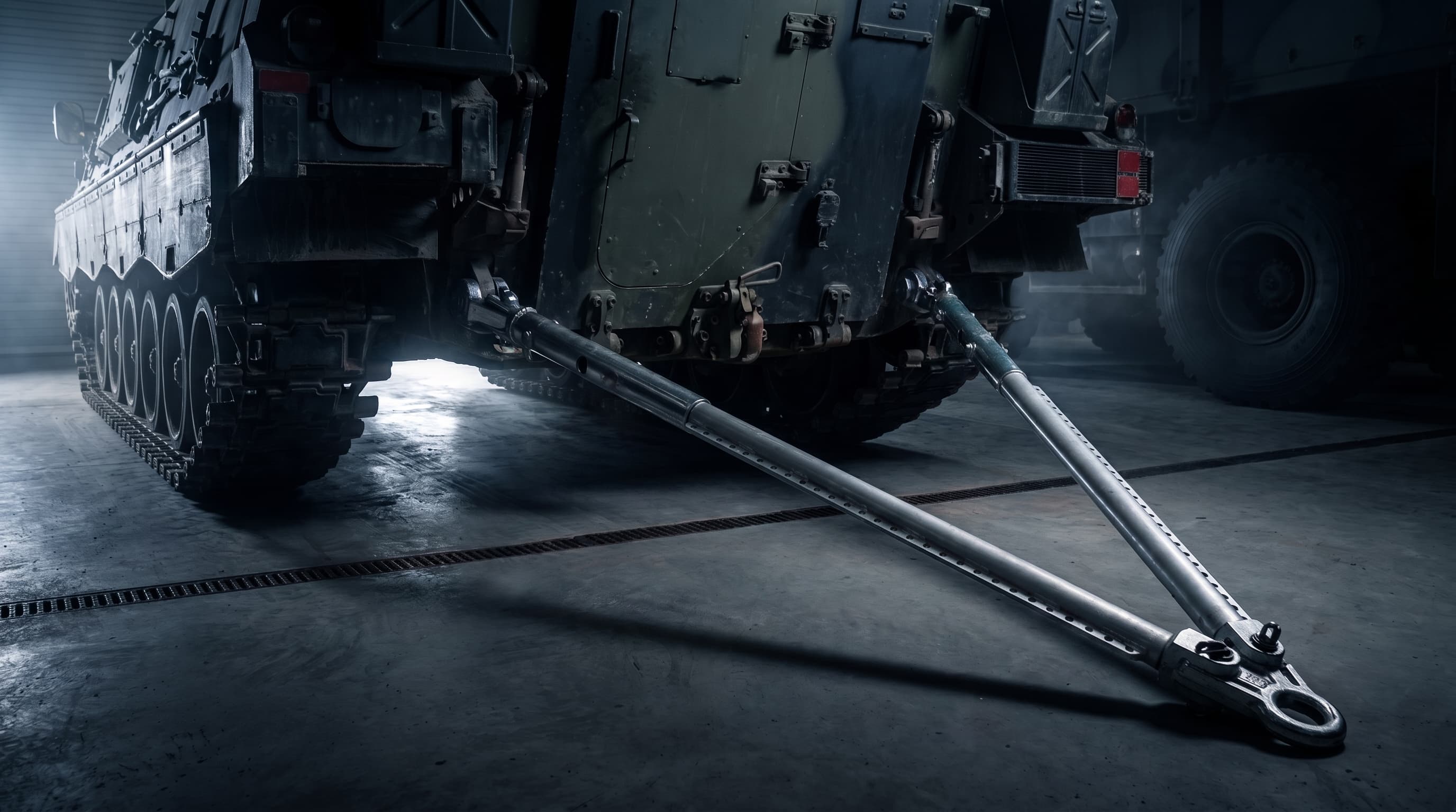 Heavy recovery equipment in a workshop setting