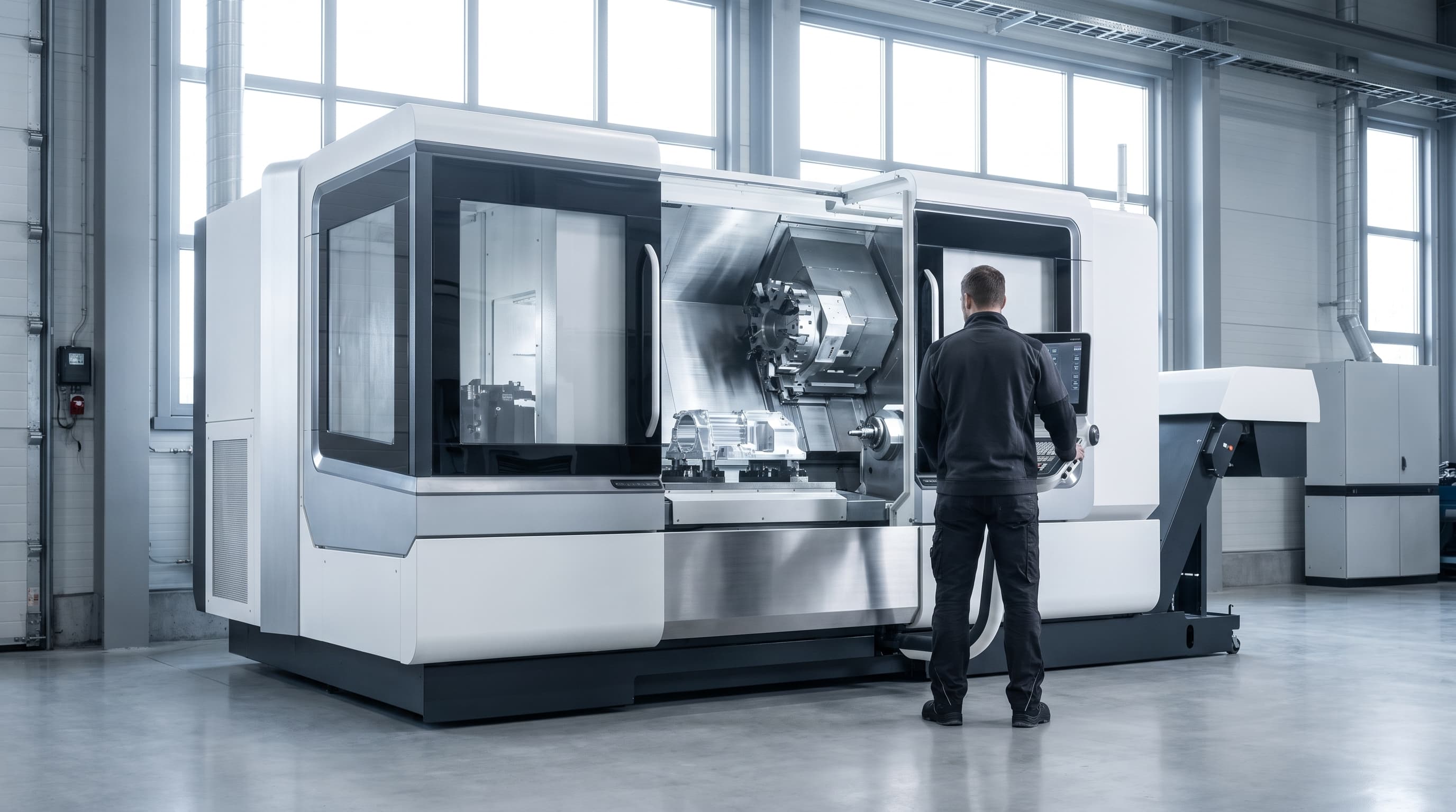 Operator at the control panel of a CNC machining centre in a machine hall